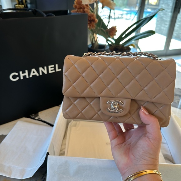 FULL SET - CHANEL Classic Flap Brown / Tan Mini with Silver HW - Picture 8 of 11